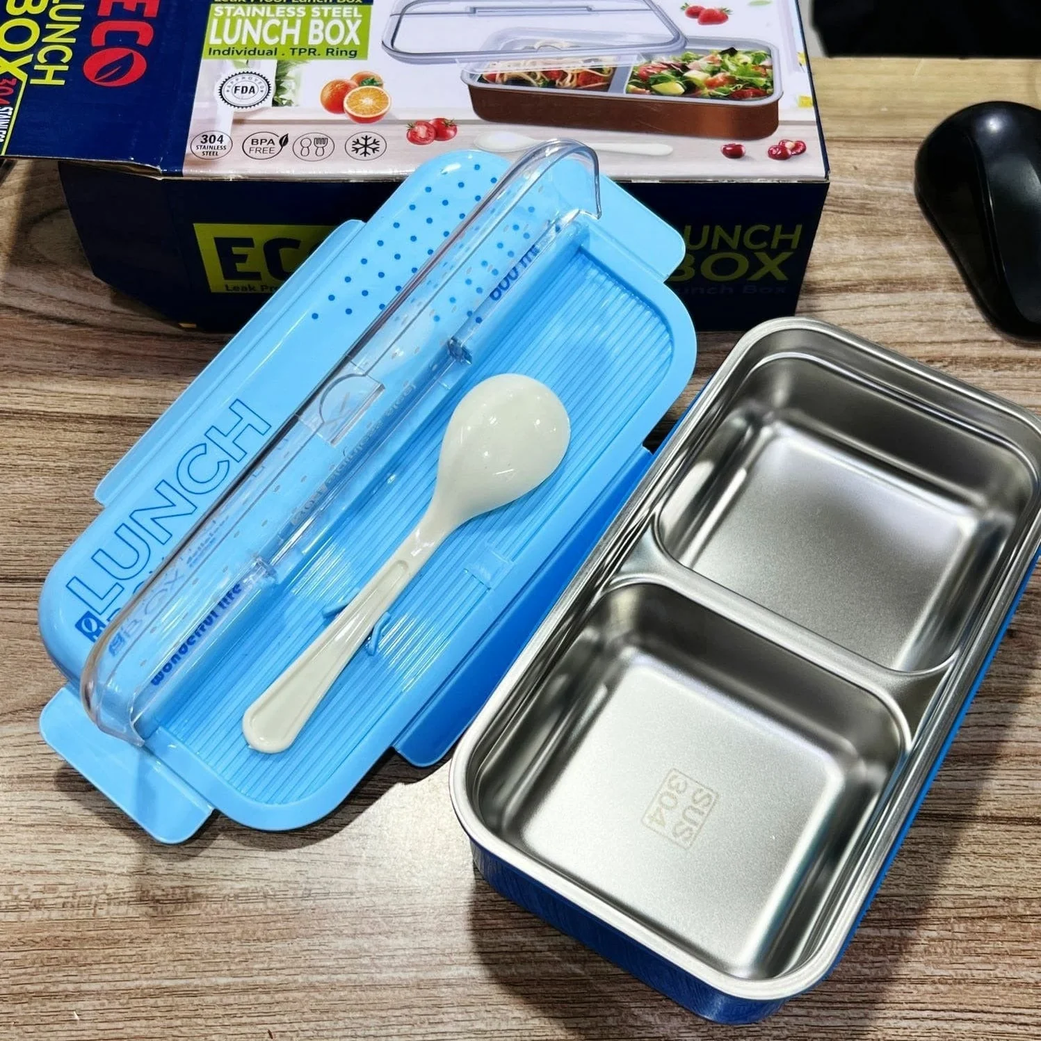 2 Portion Stainless Steel Lunch Box With Spoon - Image 2