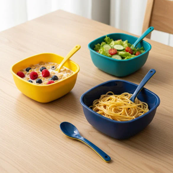 3PCs High Quality Plastic Square Bowl with Spoons - Image 2