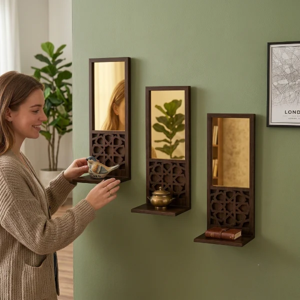 3PCs Wooden & Golden Acrylic Shelf Mirror - Image 2