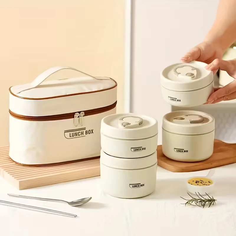 4PCs Stainless Steel Heat Insulated Lunch Boxes With Thermal Bag