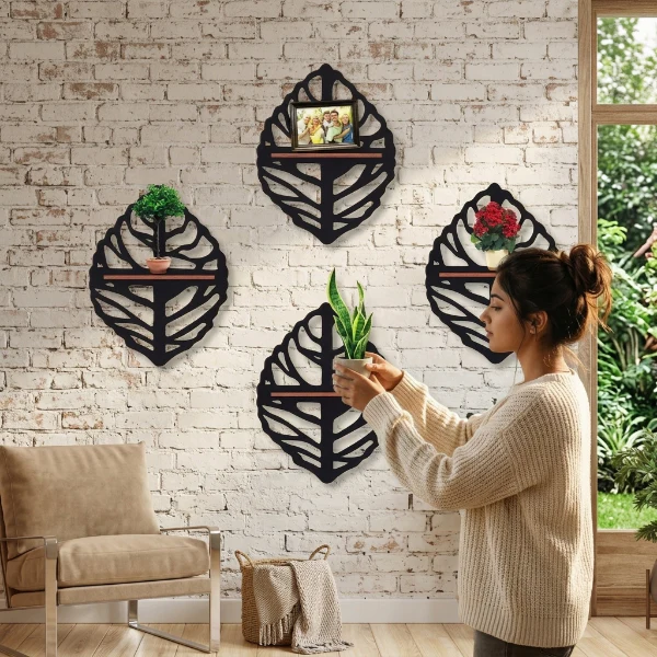 4PCs Wooden Leaf Wall Shelf - Image 2