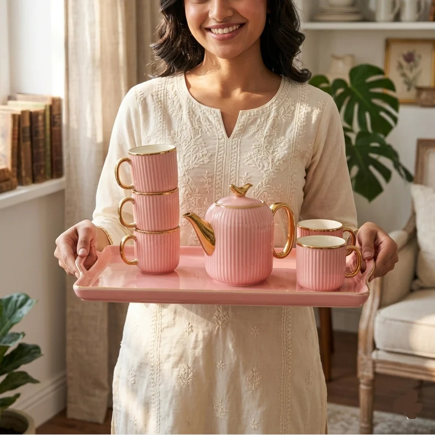 8PCs Ceramic Tea Set With Tray - Image 2