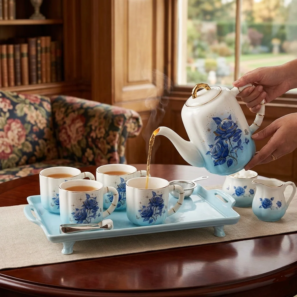 8PCs Ceramic Tea Set With Tray - Image 2