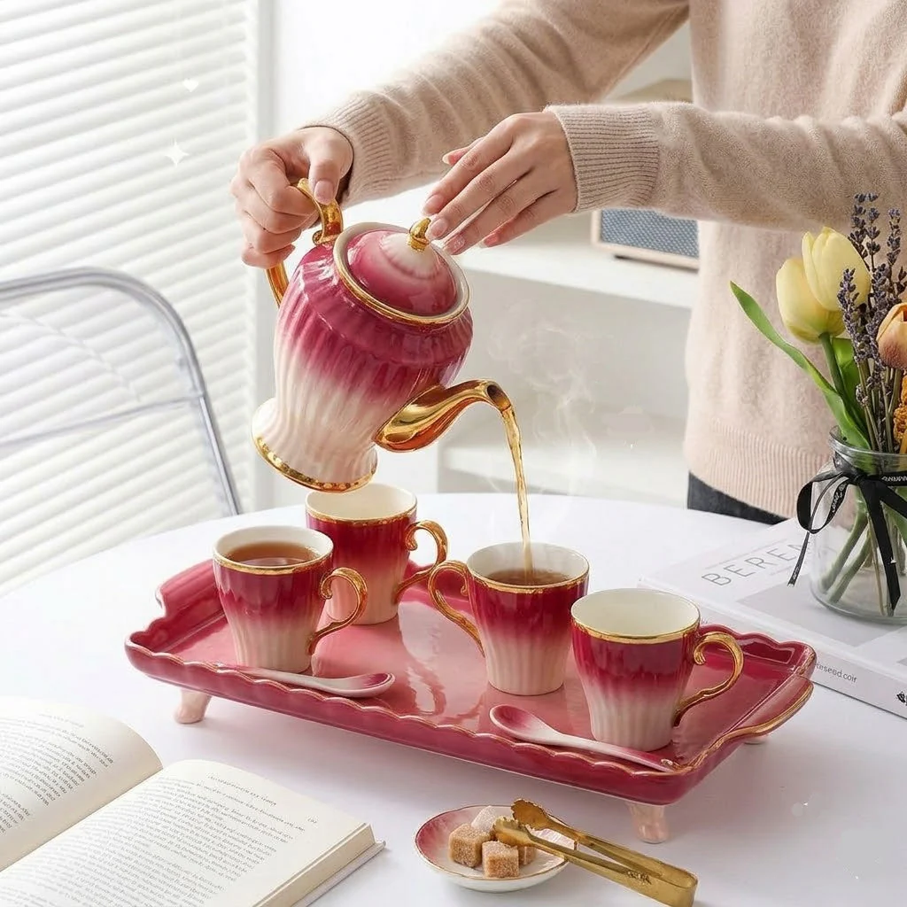 8PCs Ceramic Tea Set With Tray - Image 2