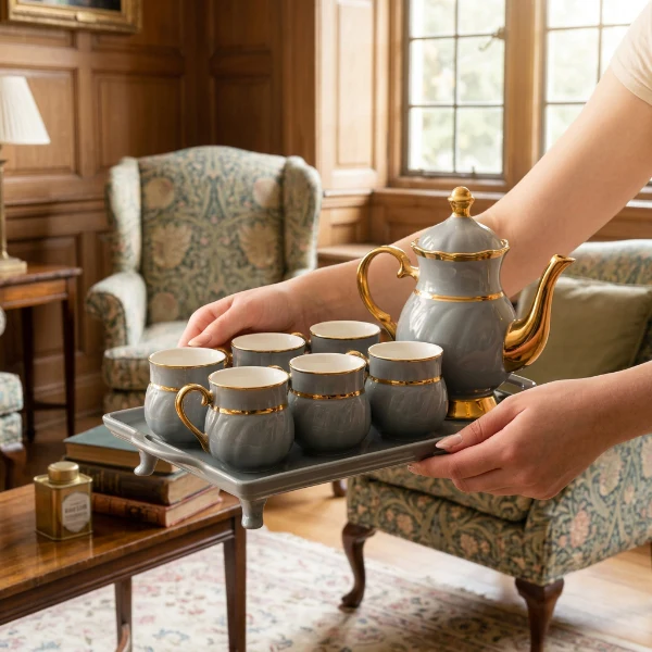 8PCs Ceramic Tea Set With Tray - Image 2