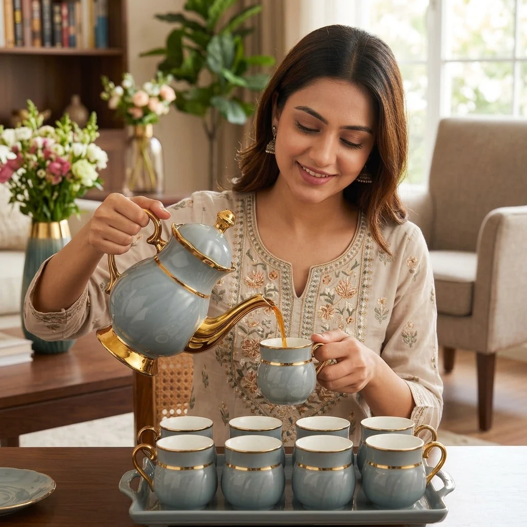 8PCs Ceramic Tea Set With Tray - Image 3