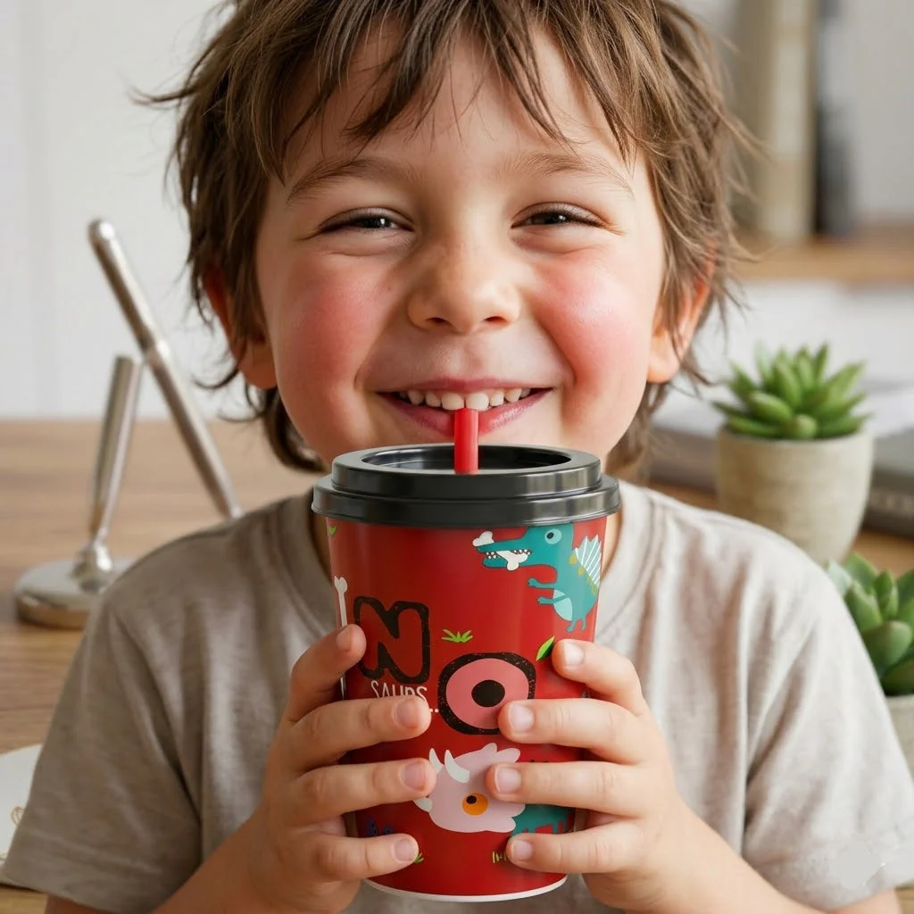 Cartoon Printed Reusable Cup with Lid & Straw - Image 2