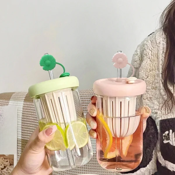 Cute Flower Glass Cup with Straw - Image 2