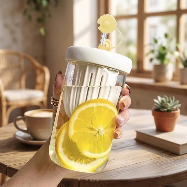 Cute Flower Glass Cup with Straw - Image 4