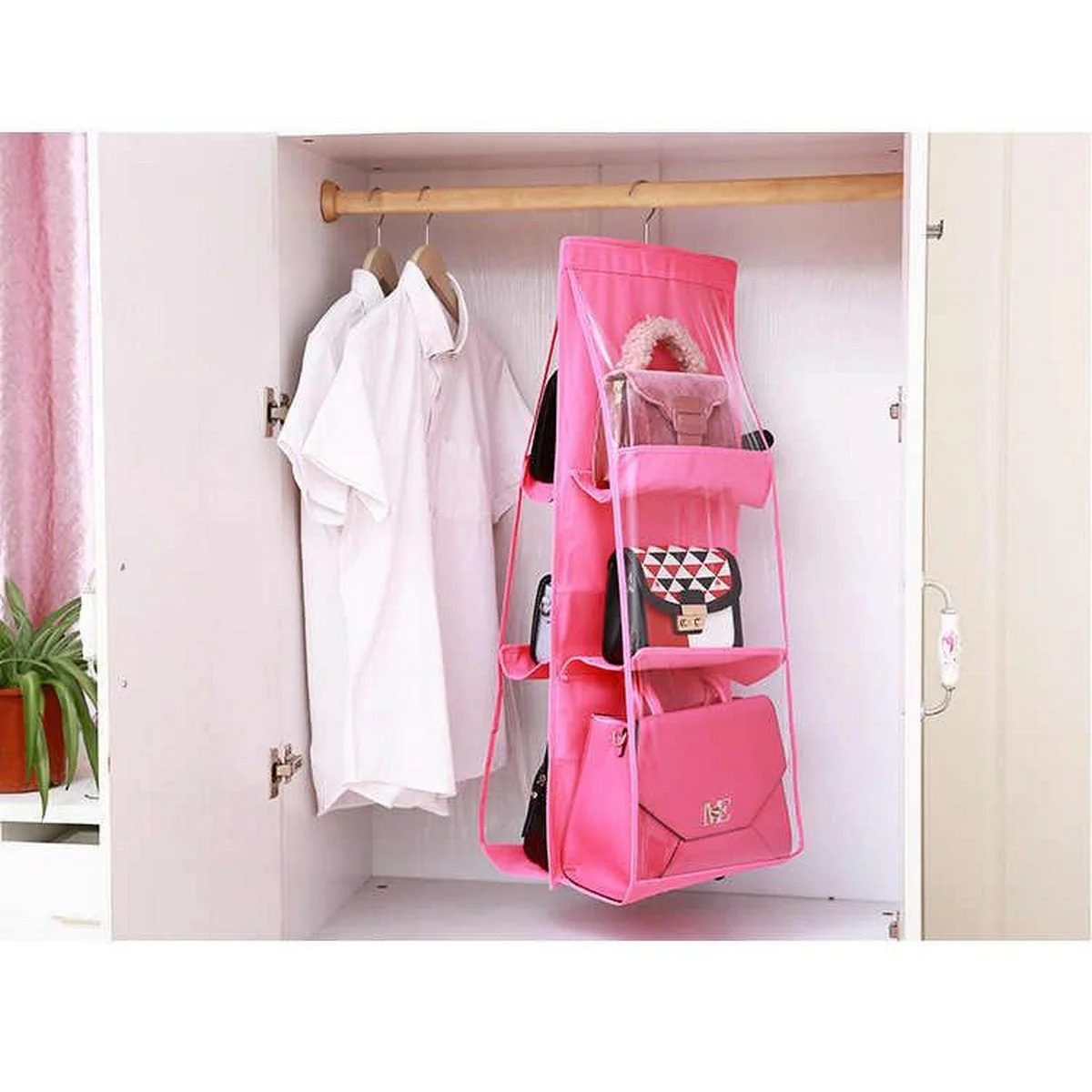 Double Sided Transparent 6 Pocket Foldable Hanging Bag Organizer - Image 3