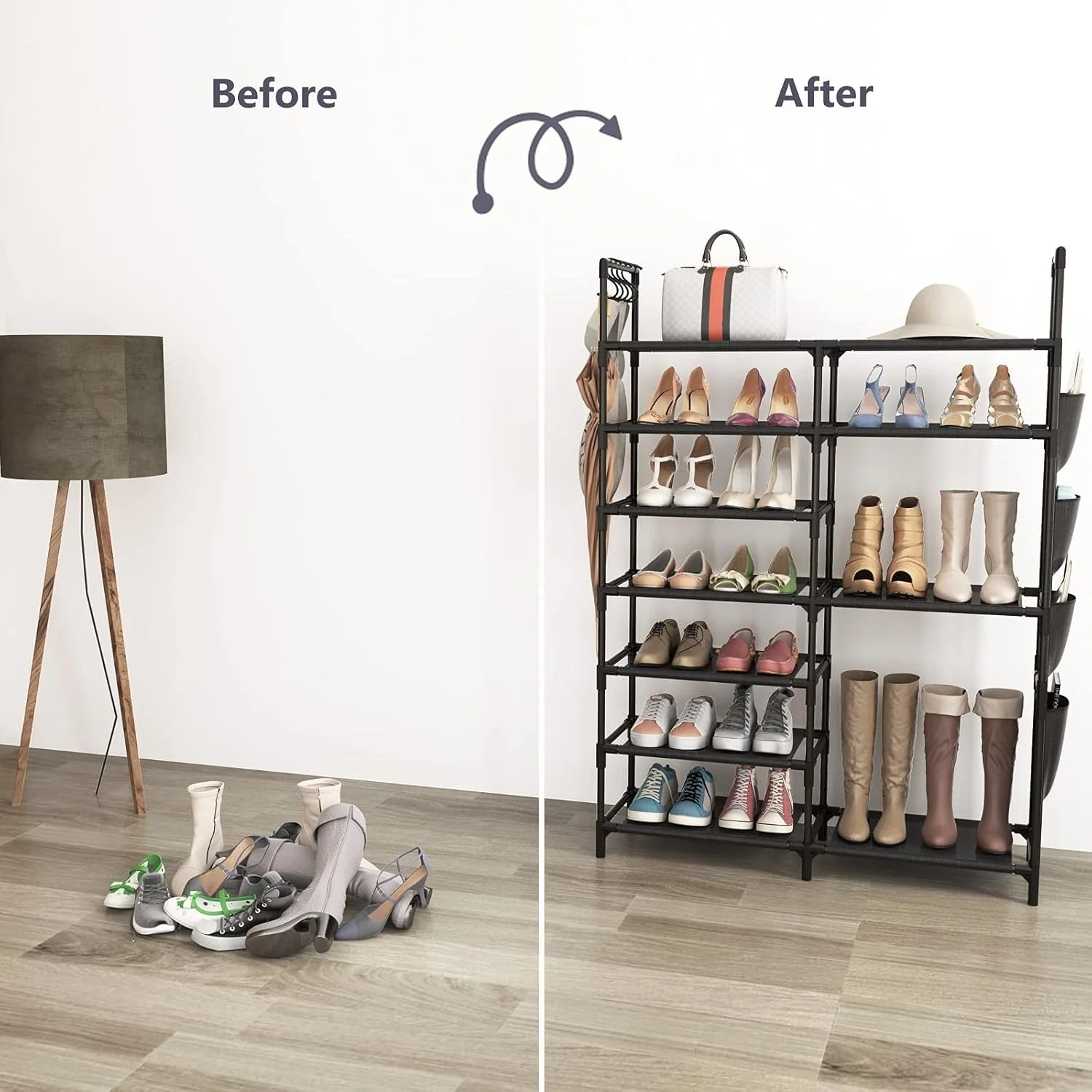 7 Layer Durable Metal Shoe Rack with Side Pockets - Image 3