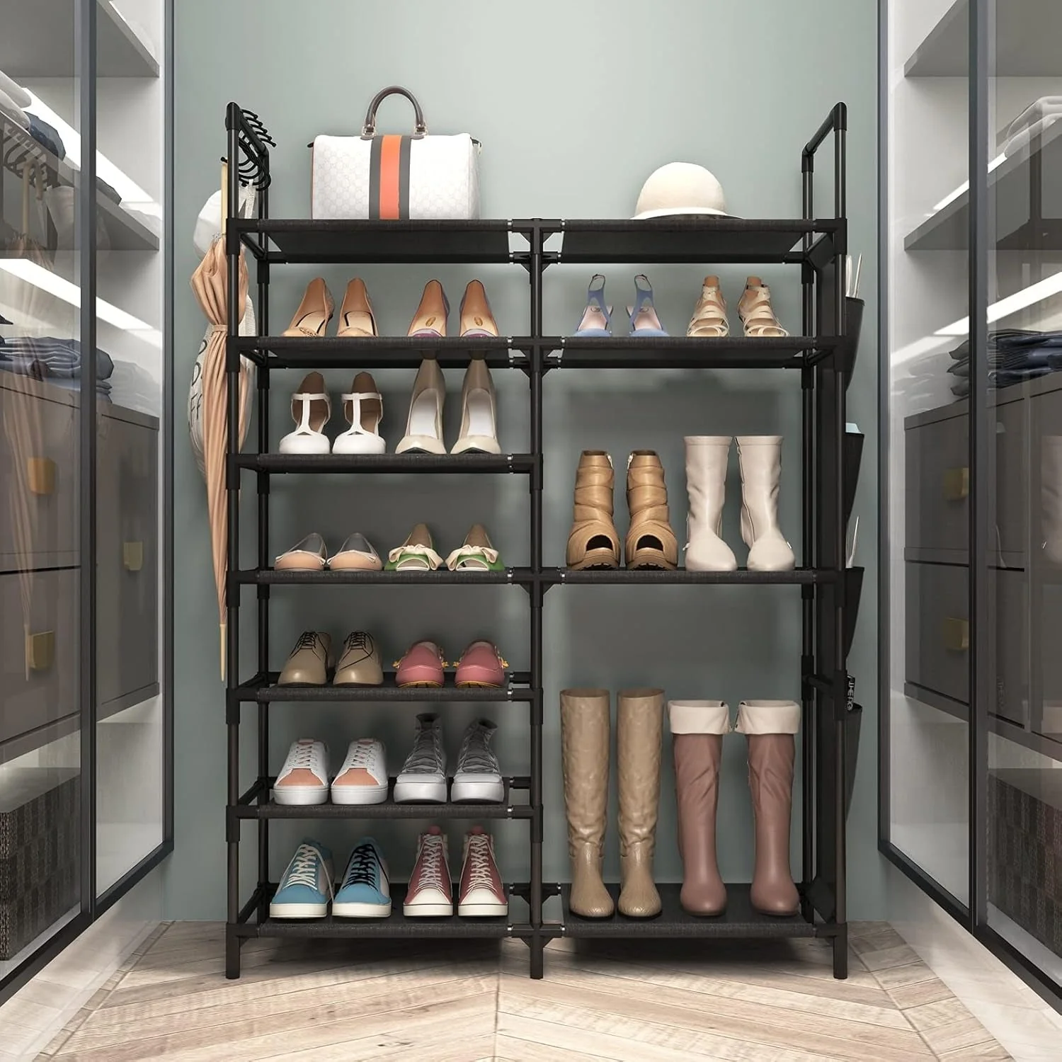 7 Layer Durable Metal Shoe Rack with Side Pockets - Image 4