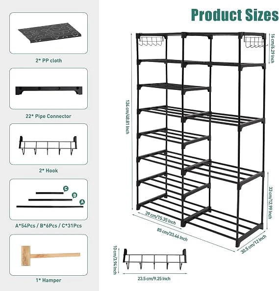 7 Layer Durable Metal Shoe Rack with Side Pockets - Image 5