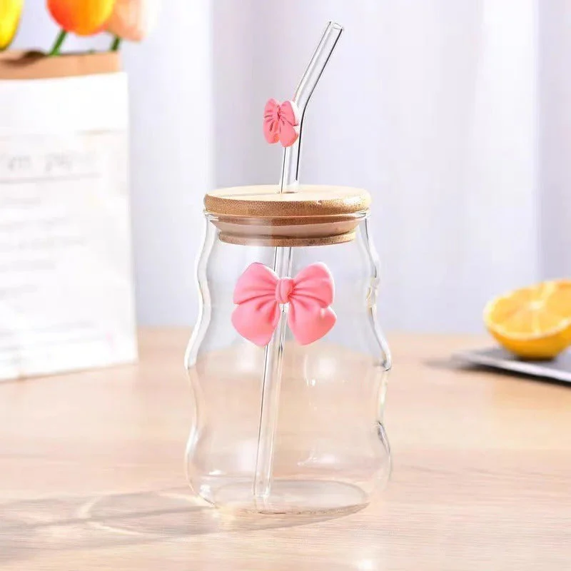 Elegant Bow Glass Cup with Lid and Straw