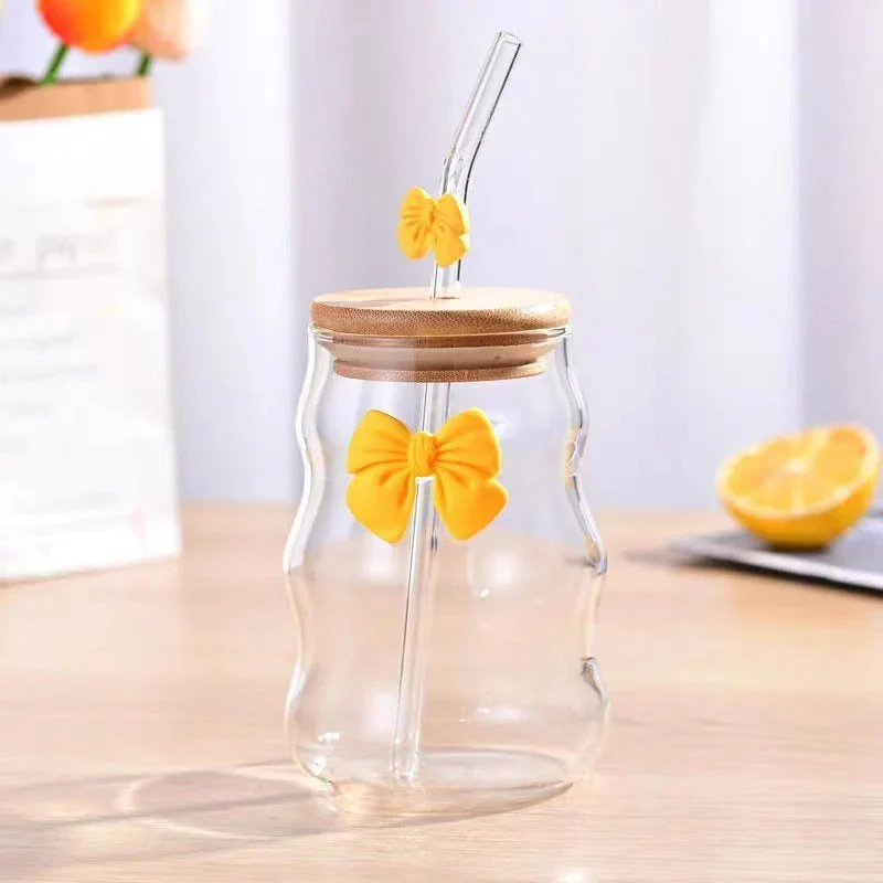 Elegant Bow Glass Cup with Lid and Straw - Image 3