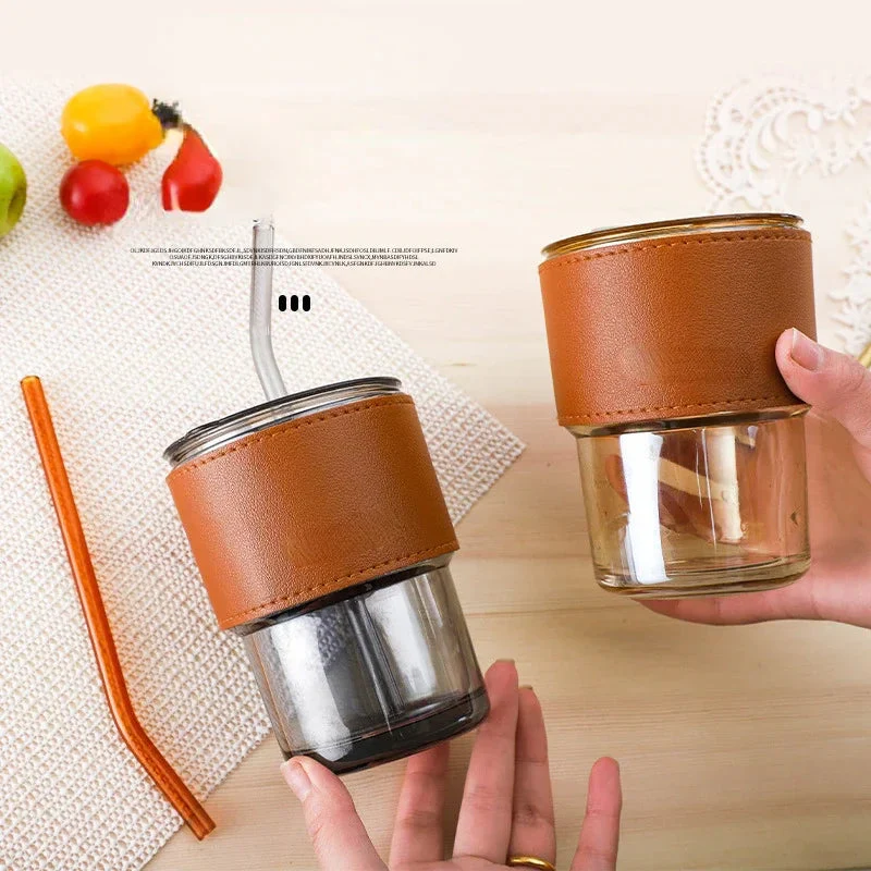 Leather Cover Glass Cup With Lid Straw - Image 2