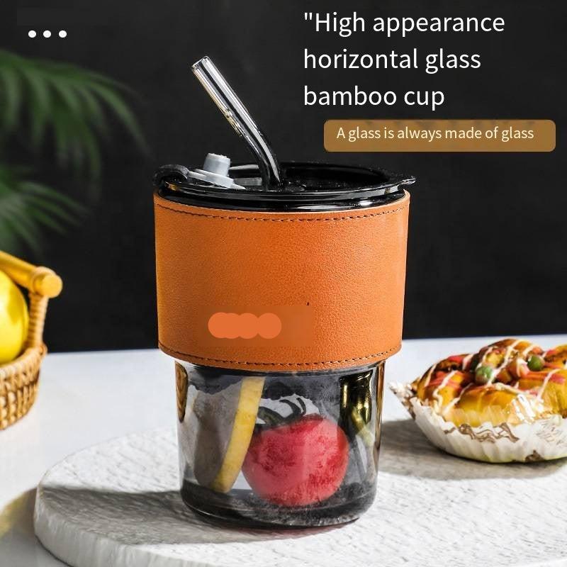Leather Cover Glass Cup With Lid Straw - Image 3