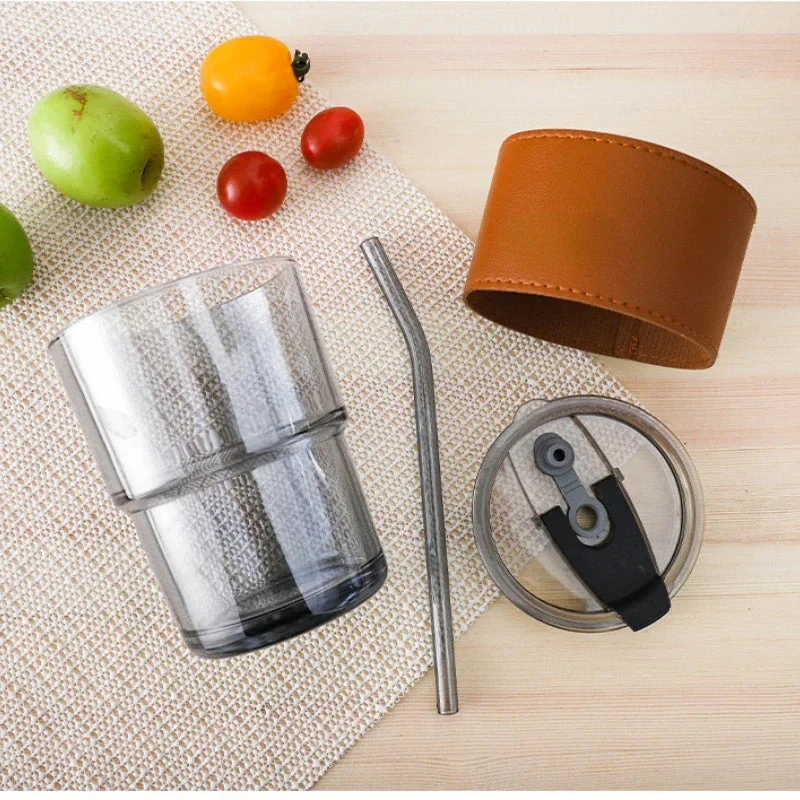 Leather Cover Glass Cup With Lid Straw - Image 5