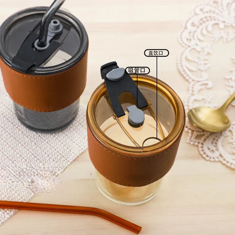 Leather Cover Glass Cup With Lid Straw - Image 6