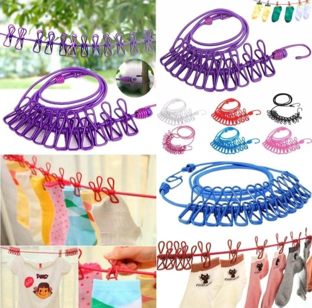 Portable Elastic Washing Line Rope With 12 Clips - Image 2