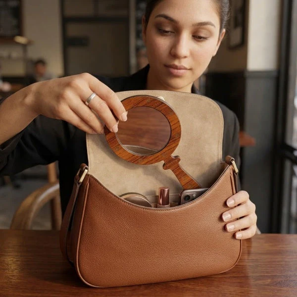 Portable Natural Wooden Hand Mirror - Image 2
