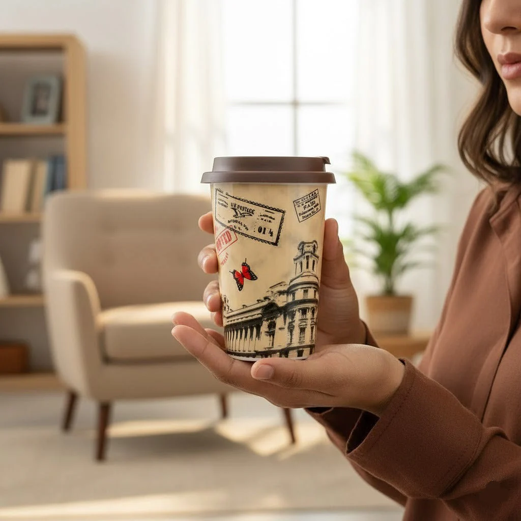 Printed Ceramic Coffee Mug with Silicon Lid - Image 4