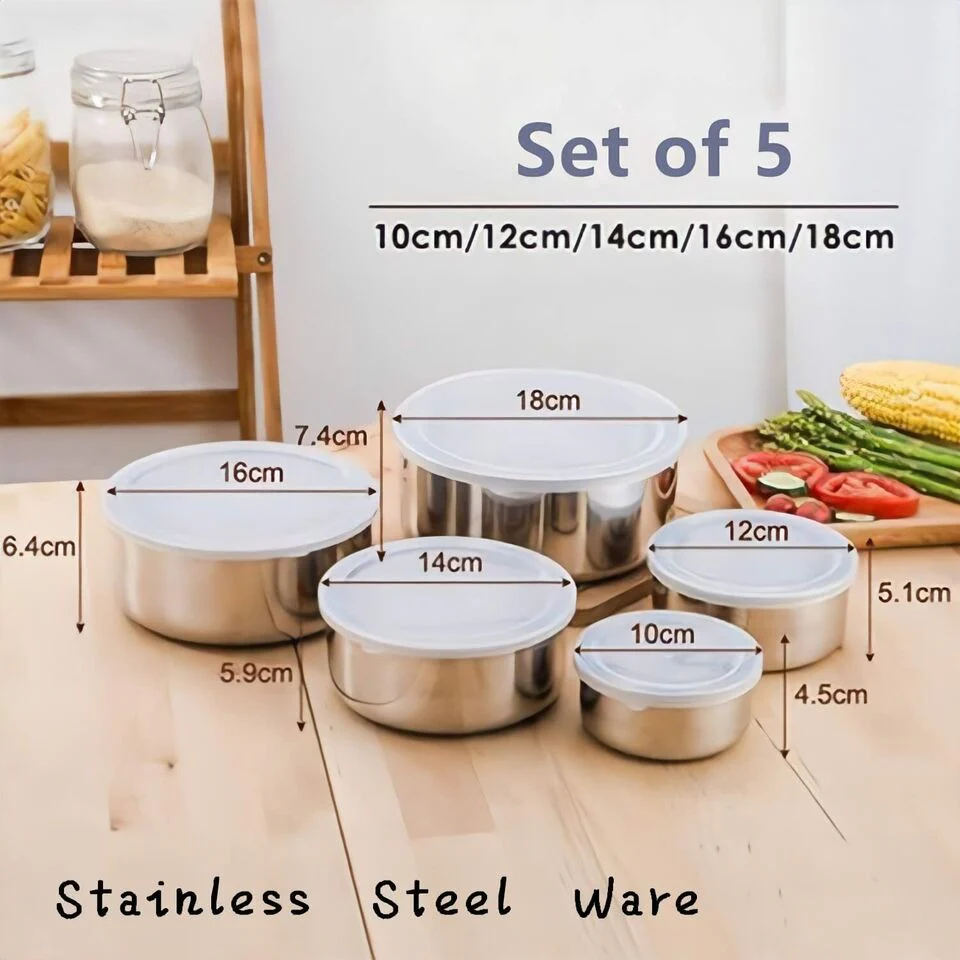 Set of 5 Stainless Steel Food Storage Containers With Lids - Image 3
