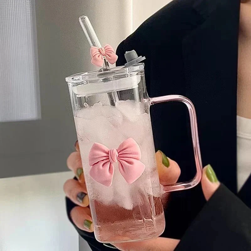Square Glass Square Mug with Lid & Straw
