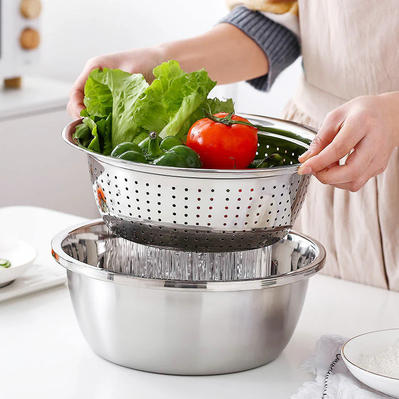 Stainless Steel 2PCs Grater & Strainer Bowl - Image 2
