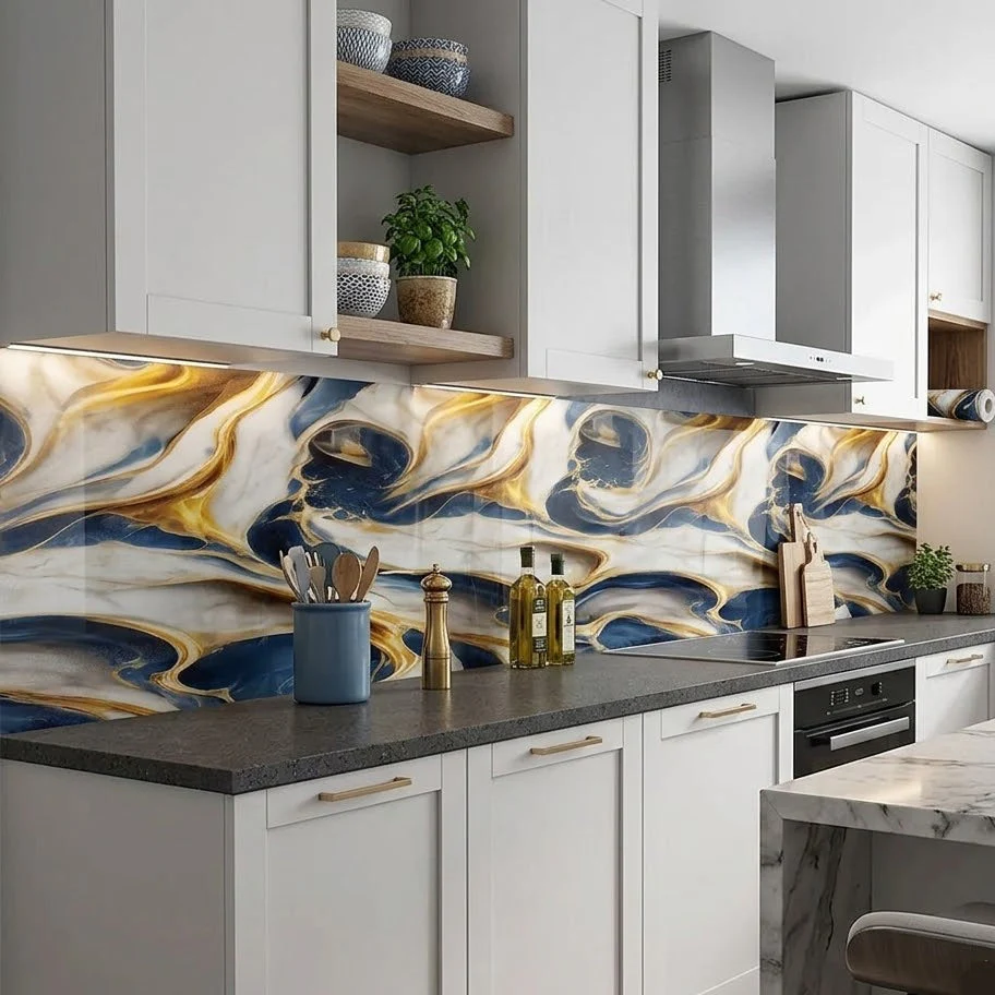 Waterproof Blue & Golden Marble Sheet (60cm x 2m) - Image 2