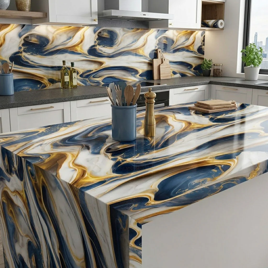 Waterproof Blue & Golden Marble Sheet (60cm x 2m) - Image 4